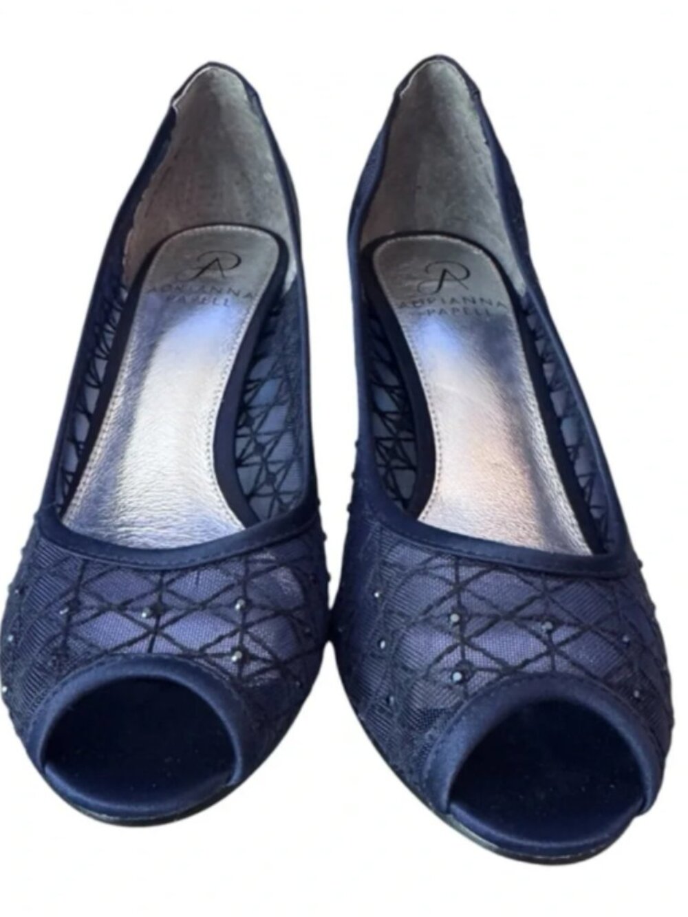 Adrianna Papell Navy Mesh Peep-Toe Flats with Crystal Accents, Sz 7.5, EUC